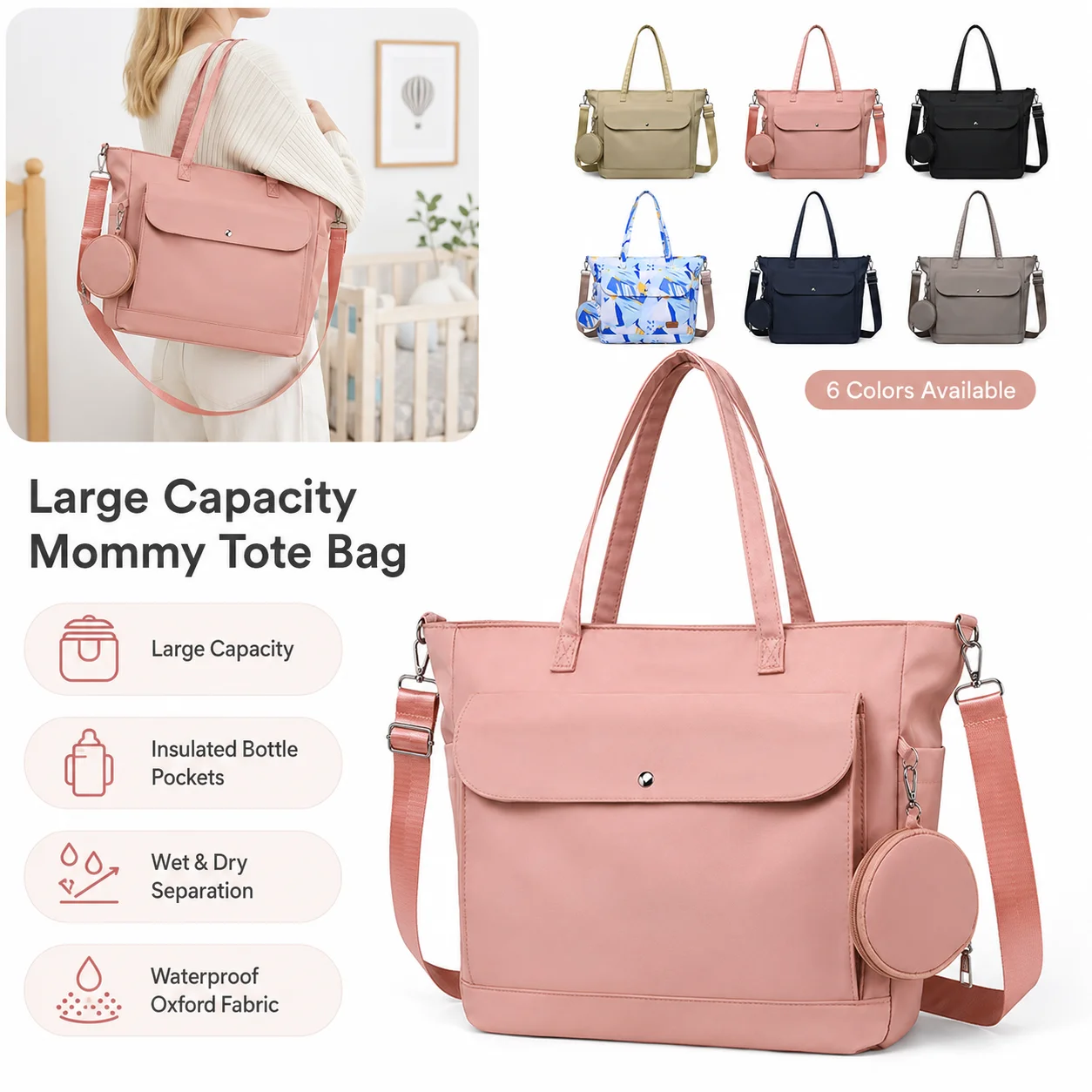 Large Capacity Water Resistant Mommy Bag Multi Functional Portable Tote Bags Ladies Outdoor Travel Shopping Baby Storage Handbag