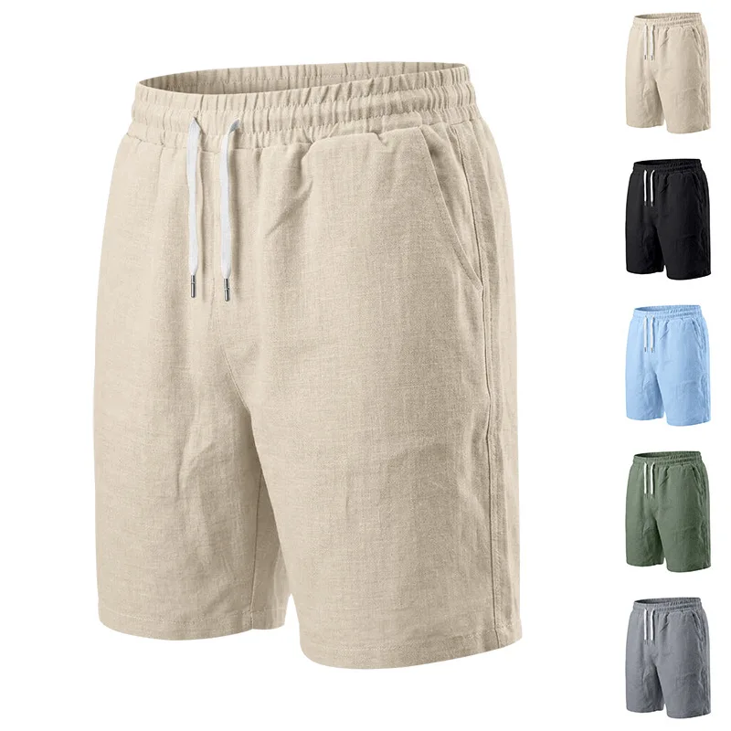 

Summer men's five-point cross-border imitation hemp sports leisure loose solid color Hawaiian vacation beach shorts