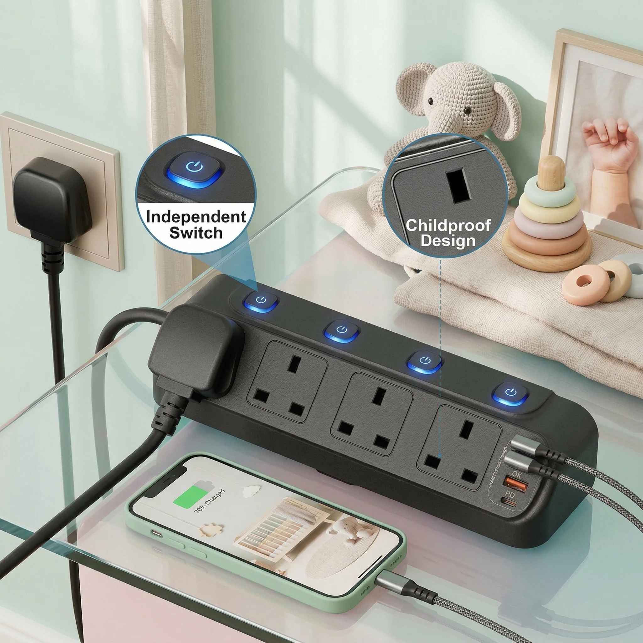 Tomada de Extensão com Interruptores Independentes e Plugue UK, Cabo de 2M, Régua de Energia com Tomada Triangular Fixa e 2 Portas USB-A, 2 Portas USB-C PD20W para Carregamento