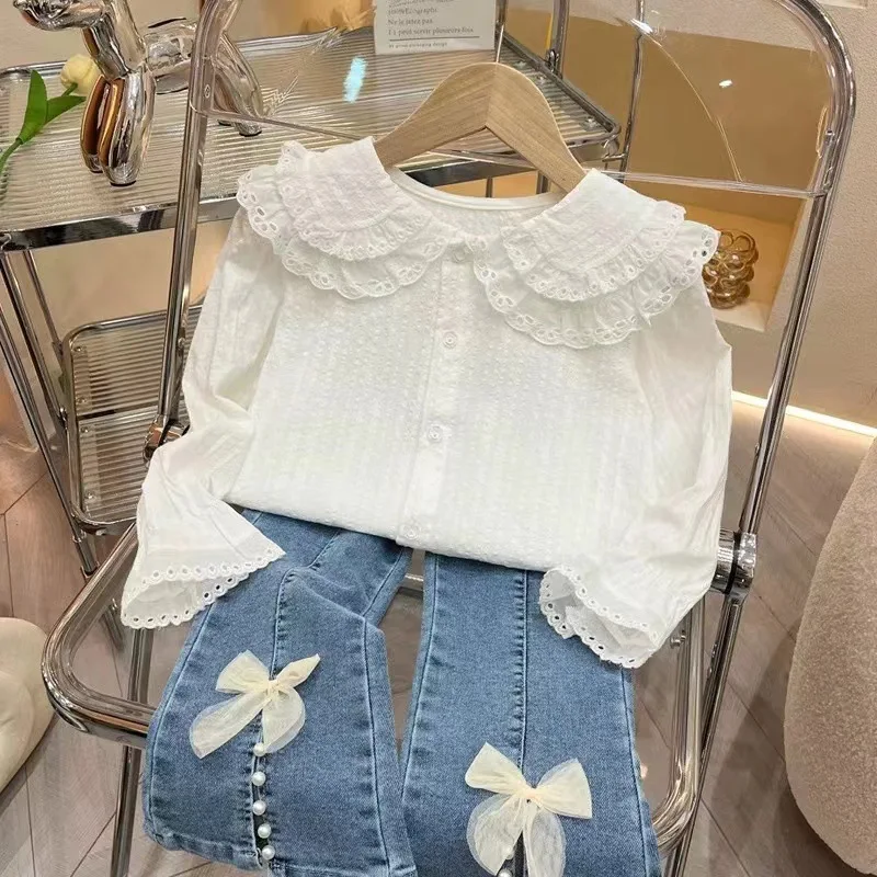 

Girls Autumn Blouses 2024 New Korean Fashion Solid Color Long Sleeve Lace Double-layer Doll Collar Princess Shirts for 2-6Y Kids
