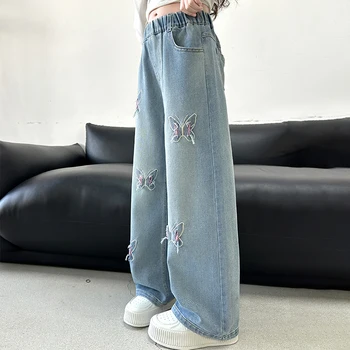 Girls Butterfly Ripped Wide-Leg Jeans 6 Girls Versatile Butterfly Ripped Jeans Wide-Leg Pants Medium to Large Sizes Fashionable Slimming Kids' Clothing 6