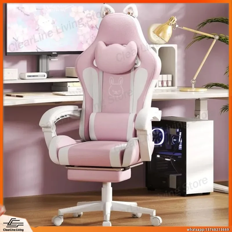Pink White Gaming Chair with Cat Ears Height Adjustable Reclining Massage Lumbar
