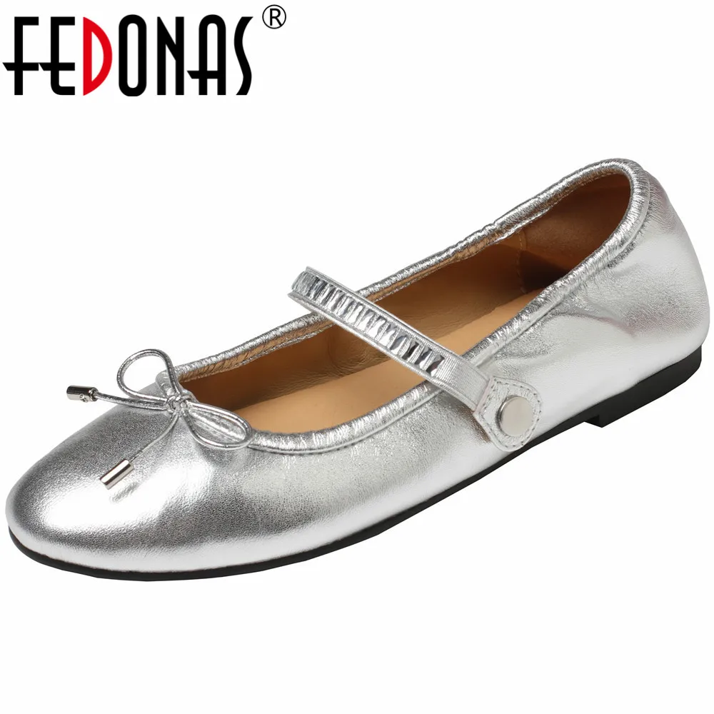 

FEDONAS Round Toe Women Flats Sweet Butterfly-Knot Genuine Leather Rhinestone Casual Working Concise Shoes Woman Spring Summer