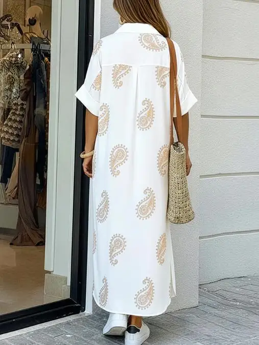 2026 Elegantes, neues, modisches, kurzärmliges Hemdkleid mit Umlegekragen und lässigem Knopfdetails, locker sitzendes Midikleid