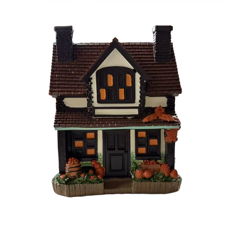 Resin Halloween Village Autumn Harvest House Figurine Fall Season Pumpkin Cottage Tabletop Ornament Mini Farmhouse Statue Decor