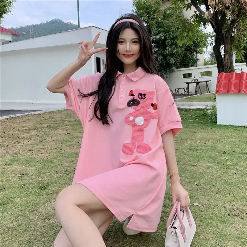 DAYIFUN-Pink Short Sleeve T-shirts Women Sweet Colored Cartoon Embroidery Lapel Tshirts Ladies' Loose Tops Summer New 2024 Tees