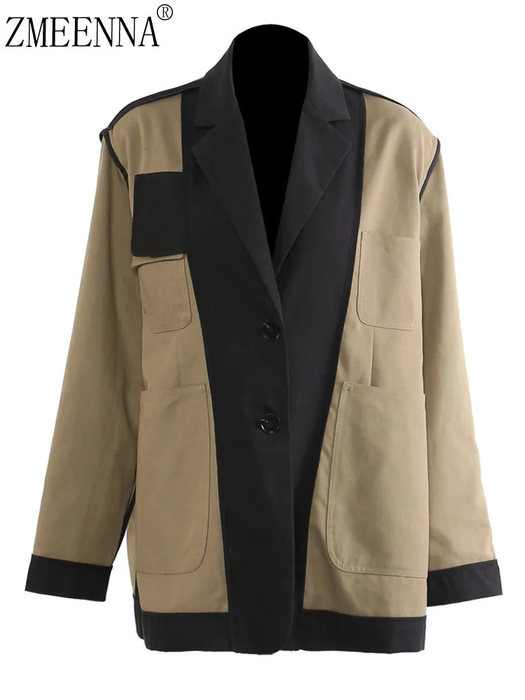 ZMEENNA Giacca blazer colorblock moda donna risvolto tacca due bottoni contrasto kaki nero capispalla casual ZM4337