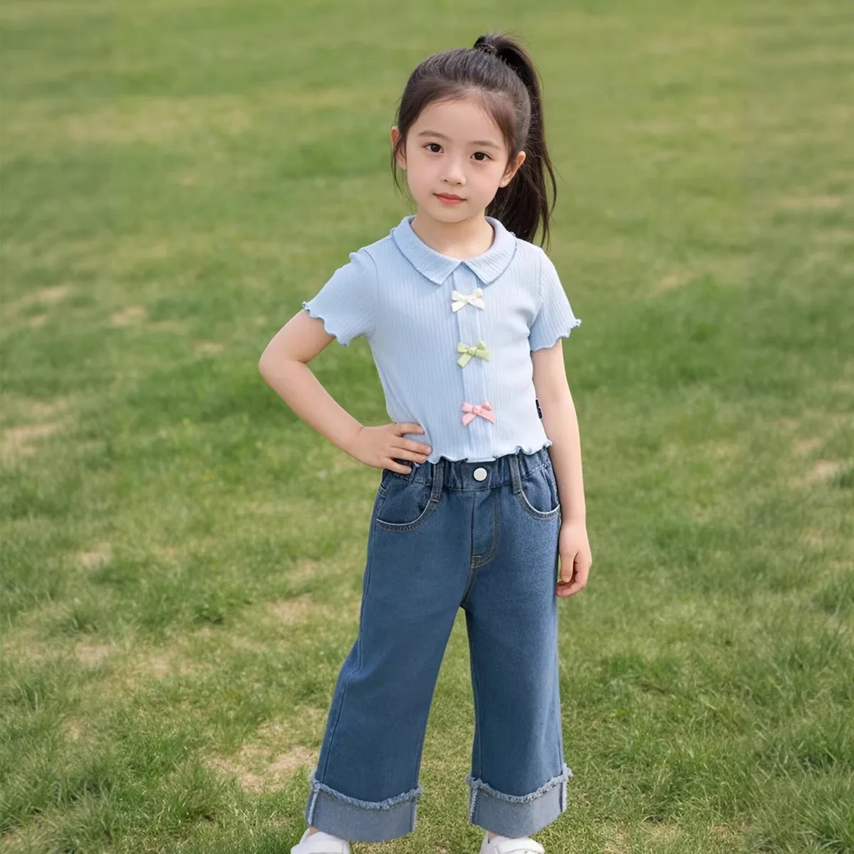 2026 Spring New Girls Childrens Clothing Cowboy Wide Leg Pants Flanged Korean Version Straight Leg Pants