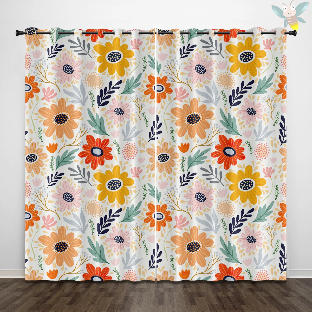 Vintage Floral Yellow Flower Curtains with Green Leaves，70s Psychedelic Daisy Design Blackout Curtains for Bedroom 2 Panels Set