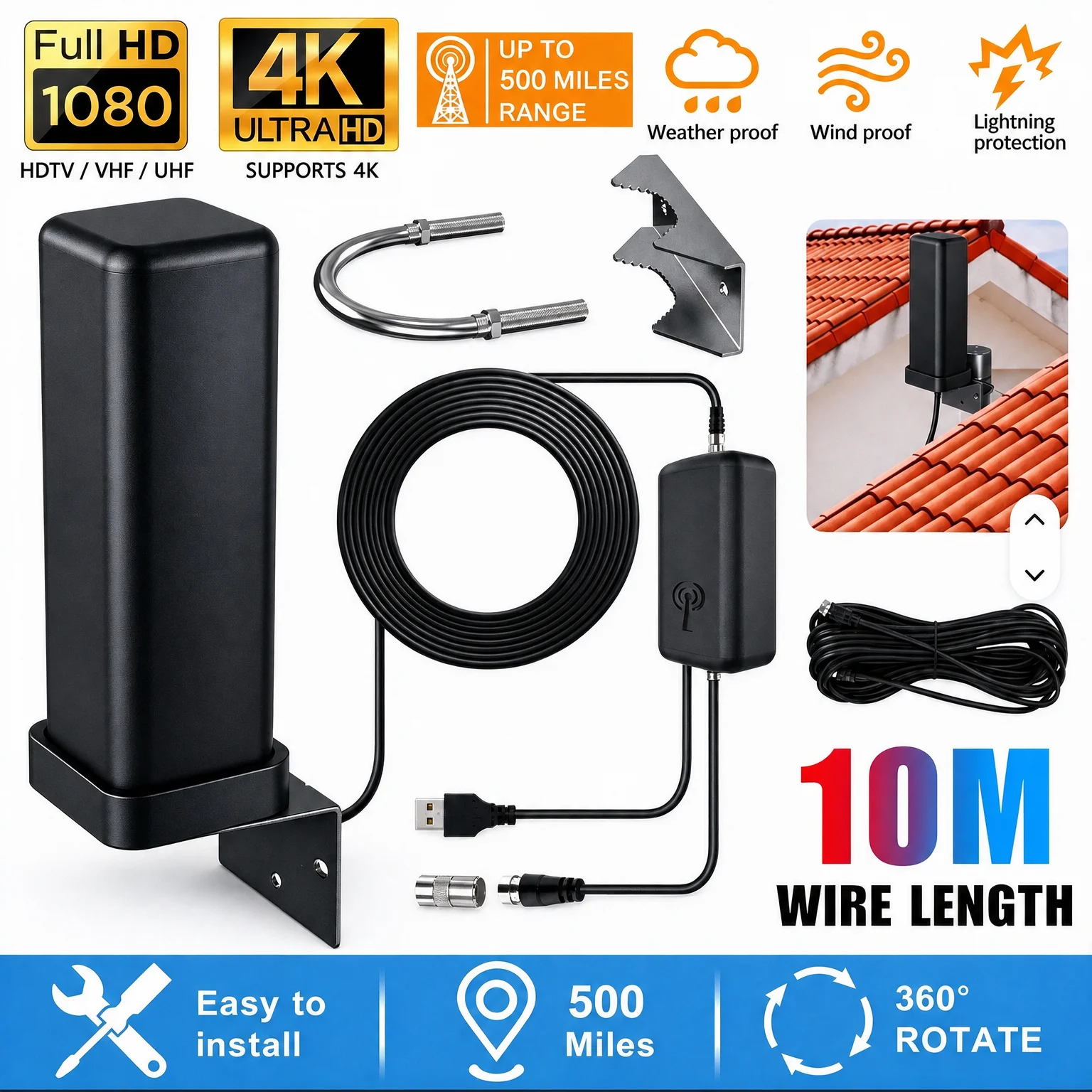 TV Digital Antenna with Signal Booster HD Antenna Support 4K 1080P VHF/UHF TV Antenna 25DBI 50 Miles Range for Smart Digital TV