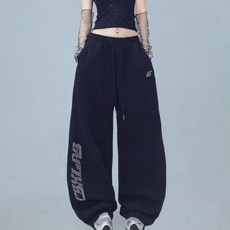 여성용 편지 인쇄 바지 느슨한 스포츠 바지 힙합 스트리트 댄스 넓은 다리 높은 허리 바지 캐주얼 심플한 디자인 Y2K