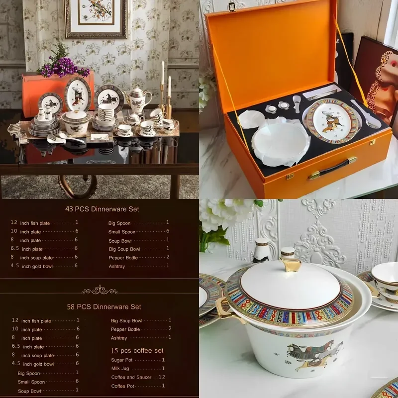 Wholesale Porcelain Dining Set Dinnerware Porcelain China Plates 58pcs Gold Dinnerware Set with Horse for 12