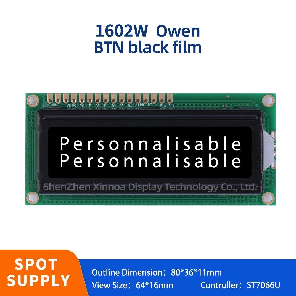 

Quality Assurance Large Window STN High Frame 12MM 1602W European LCD Display BTN Black Film White Text 16 * 2