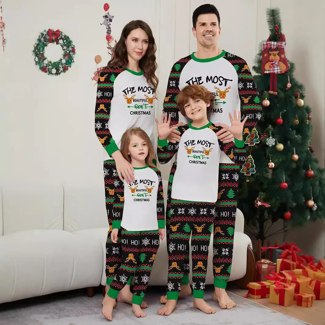 

European and American parent-child home wear, deer letter printed long-sleeved pajamas two-piece Christmas parent-child set