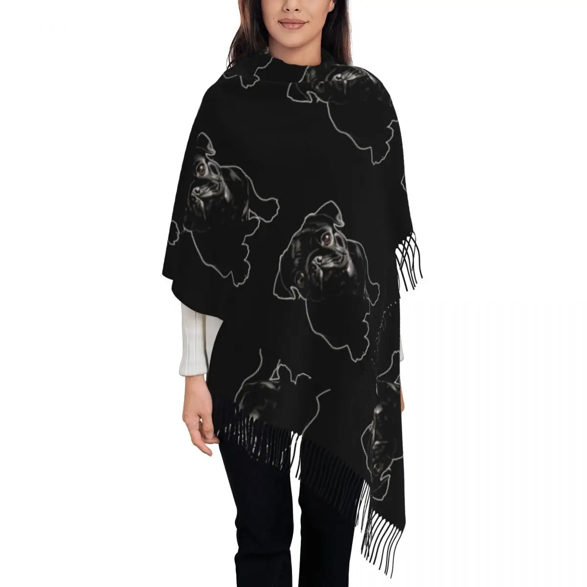 Cute Adorable Black Pug Scarf Tassel Scarves Women Soft Warm Shawls and Wraps Long Fall Winter Shawl Wrap