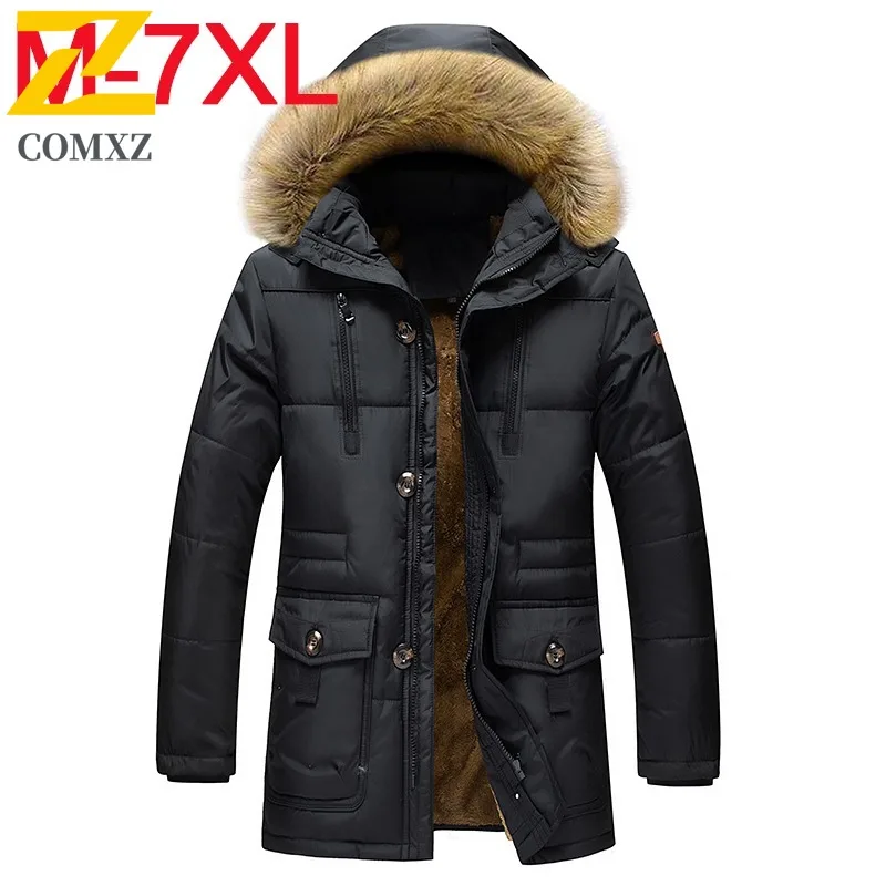 

COMXZ Men Padded Jacket Classic Fur Collar Hooded Outdoor Work Thickened Warm Parka Casual Business Comfort Winter Cotton Coat