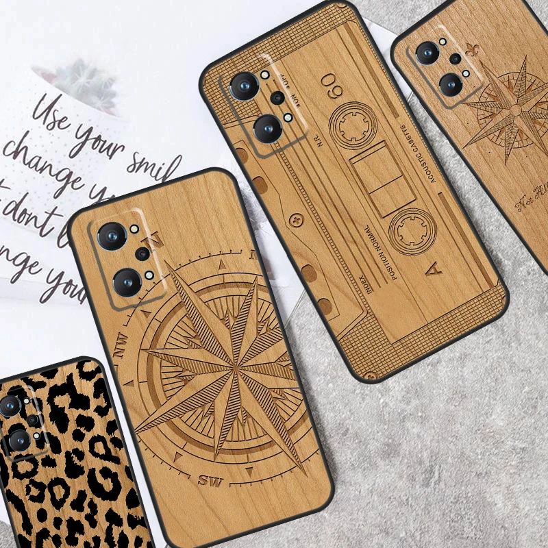 Leopard Print Compass Wood For Realme 12 11 Pro Plus 9 10 GT5 GT3 GT Neo5 C35 C31 C30 C33 C51 C53 C55 C25s C21Y Case