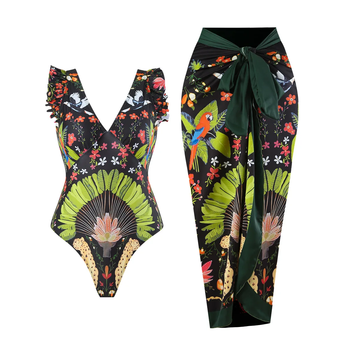 Traje de baño de verano de una pieza, ropa de mujer, traje de baño para mujer, vestido de estilo playero con estampado floral y cuello en V