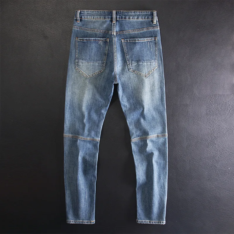 ربط جينز صغير الساق بقصة ضيقة، سراويل كلاسيكية للرجال مع أصفاد بسحاب، سراويل طويلة مرنة أنيقة ومتعددة الاستخدامات للدراجات النارية