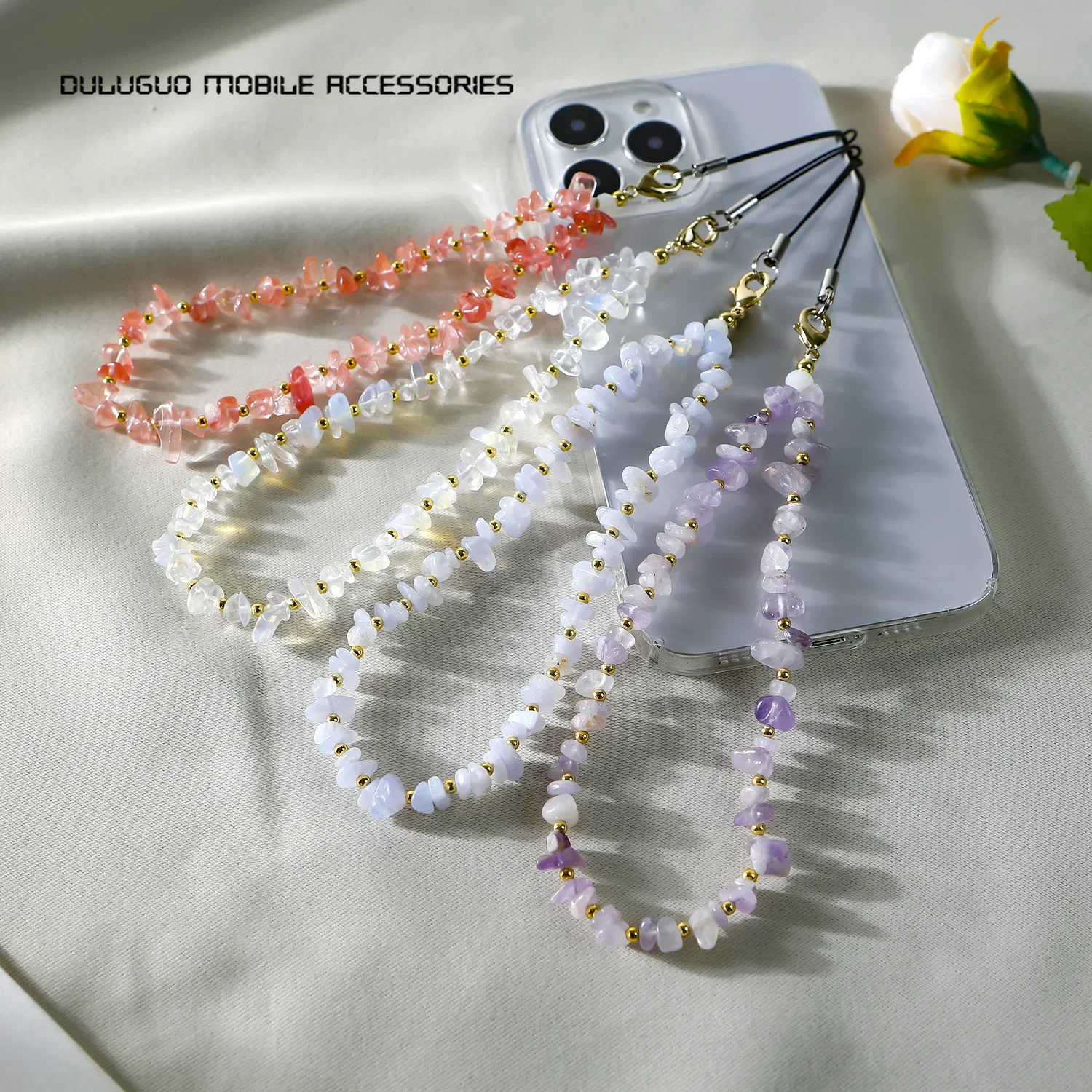 1pcs Crystal Beaded Mobile Phone Lanyard Natural Handmade Cell Phone Strap Chain Phone Charm Moonstone Mobile Accessories