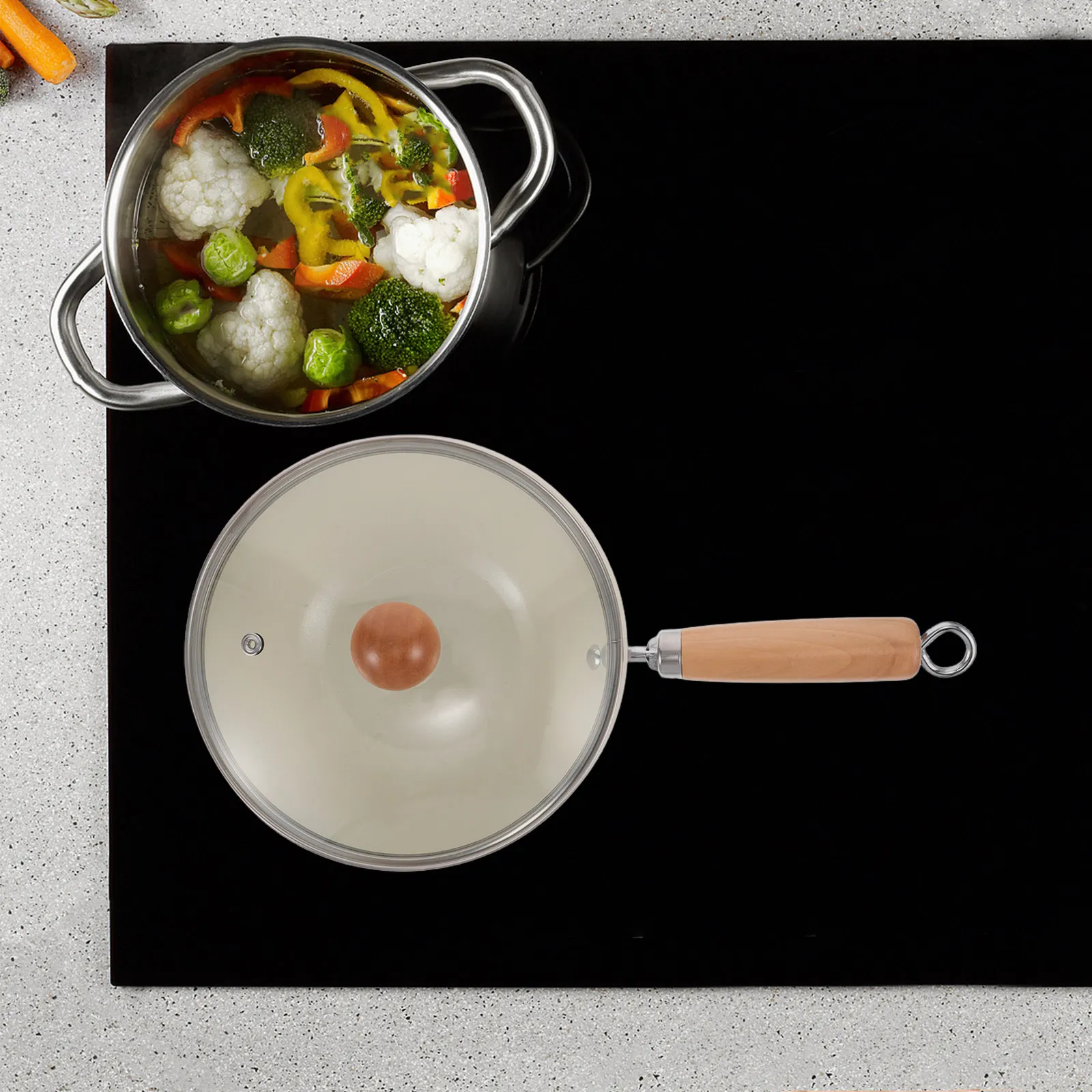 Small Nonstick Iron Wok with Wooden Handle Clear Glass Lid for Gas Induction Cooktops Even Heat Distribution Versatile Frying