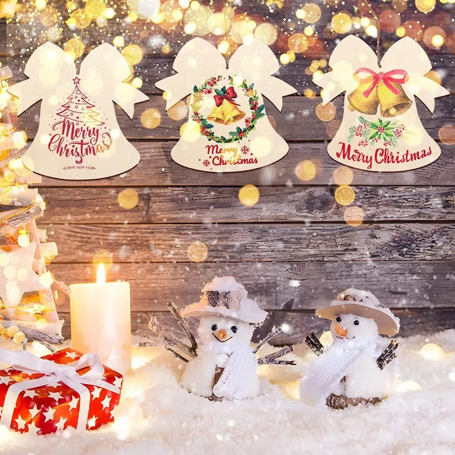 20 pçs enfeites de suspensão de madeira de natal diy em branco inacabado artesanato de madeira sino de natal presente em forma de pendurado drations para chris