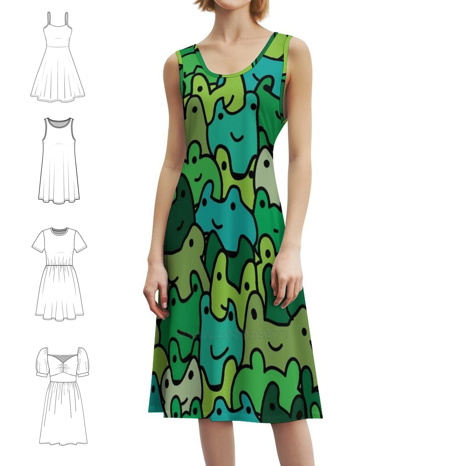 نمط الضفدع في فستان حفلات نسائي متدرج أخضر لطيف ملابس الشارع الشهير ملابس نادي مطبوعة عصرية للنساء نمط الضفدع Froggie #1