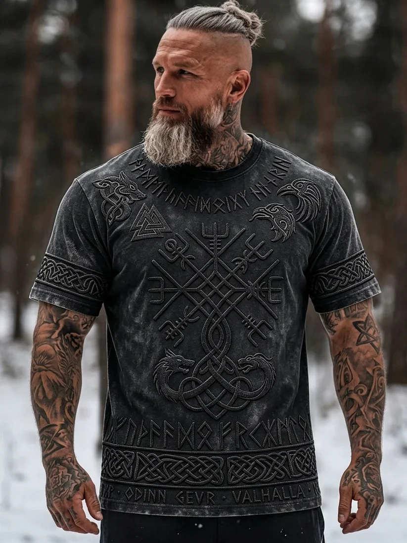 2027 Summer New Style Outdoor Men's Vintage Viking Style 3D Printed Breathable Quick-Drying T-Shirt Family Size Shirt Kids