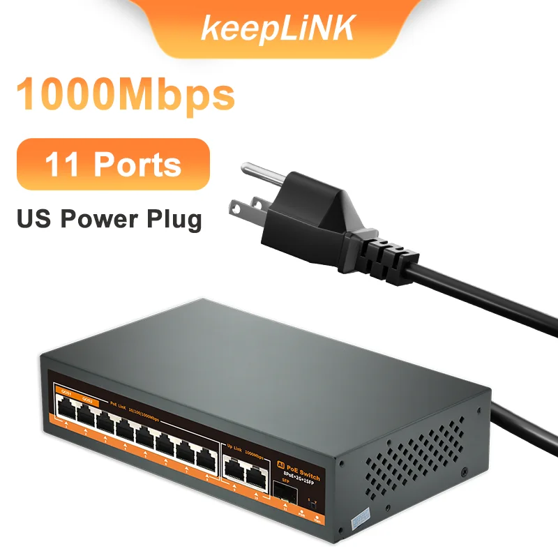KeepLiNK 11-poorts volledig Gigabit ongemanagede Ethernet-switch met 8 IEEE 802.3af/at PoE+-poorten en 2 RJ45 & 1 SFP voor uplink