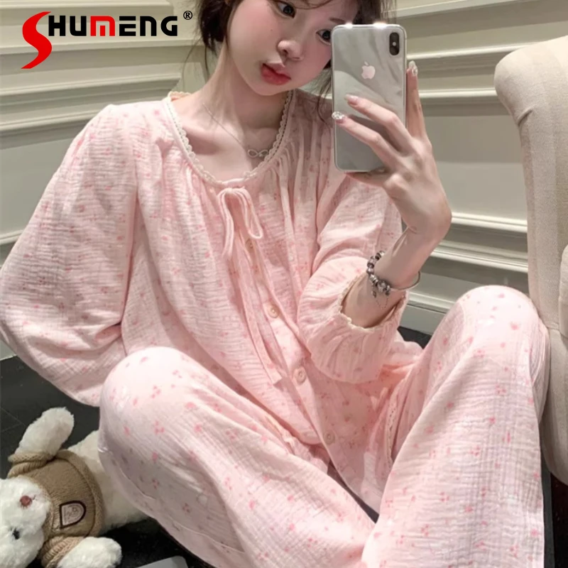 

Girls Autumn Spring Floral Pajamas Women Lace Pure Cotton Double Layer Sleep Clothes Female Long Sleeve Sweet Homewear Set