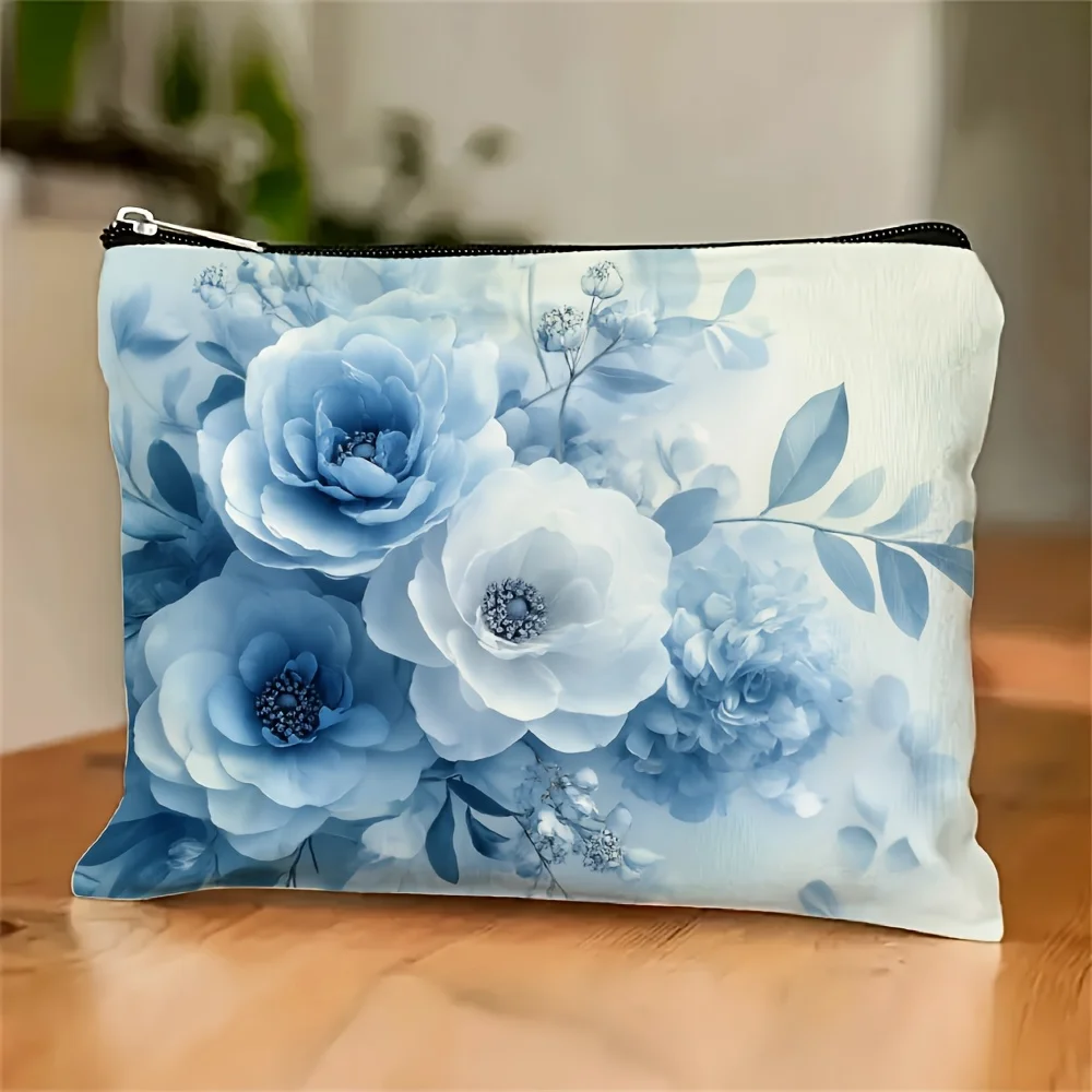 

A Blue Floral Printed Makeup Bag- Multifunctional Zipper Pouch, Jewelry Storage Bag, Perfect Travel Zipper Small Storage Bag.