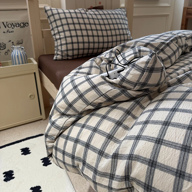 Plaid Bedding Set 4 Pieces Bed Linens Set with 1 Duvet Cover 1 Flat Sheet 2 Pillowcases, Soft Breathable Bedding for Bedroom