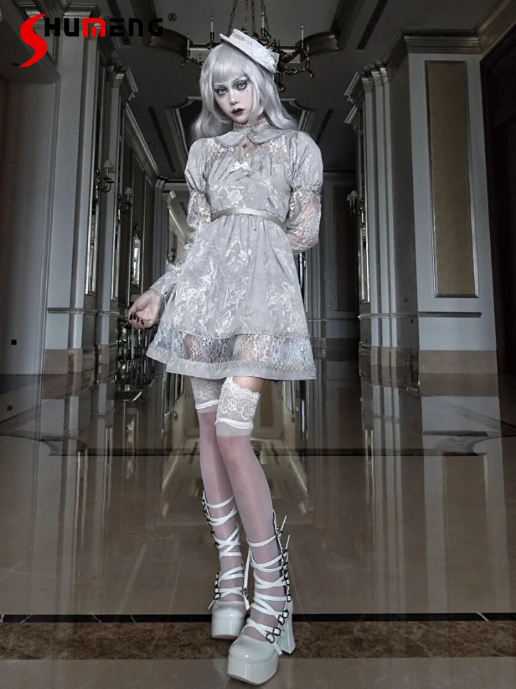

Gothic Dark Long-sleeved Short Dress Subculture Halloween Cos Dress Autumn 2025 Sweet Doll Collar Jacquard Tie-dye Lolita Dress