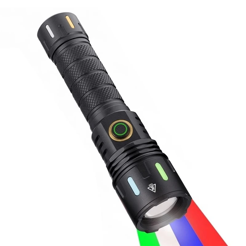 PORK-USB Rechargeable RGB LED Flashlight Zoom Blue Green Red Lamp Outdoor Fishing Camping Hunting Selfie Fill Light Torch