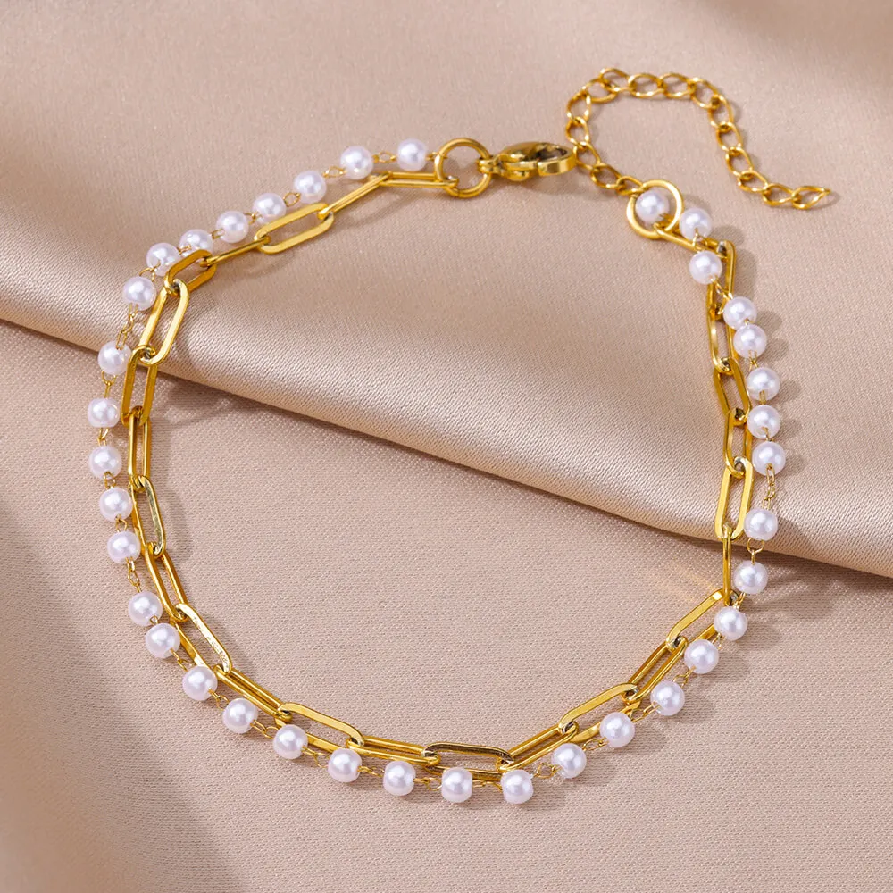 White Pearl Stainless Steel Anklets For Woman Gold Color Double Chain Anklet Summer Girls Birthday Gift Party Wedding Jewelry