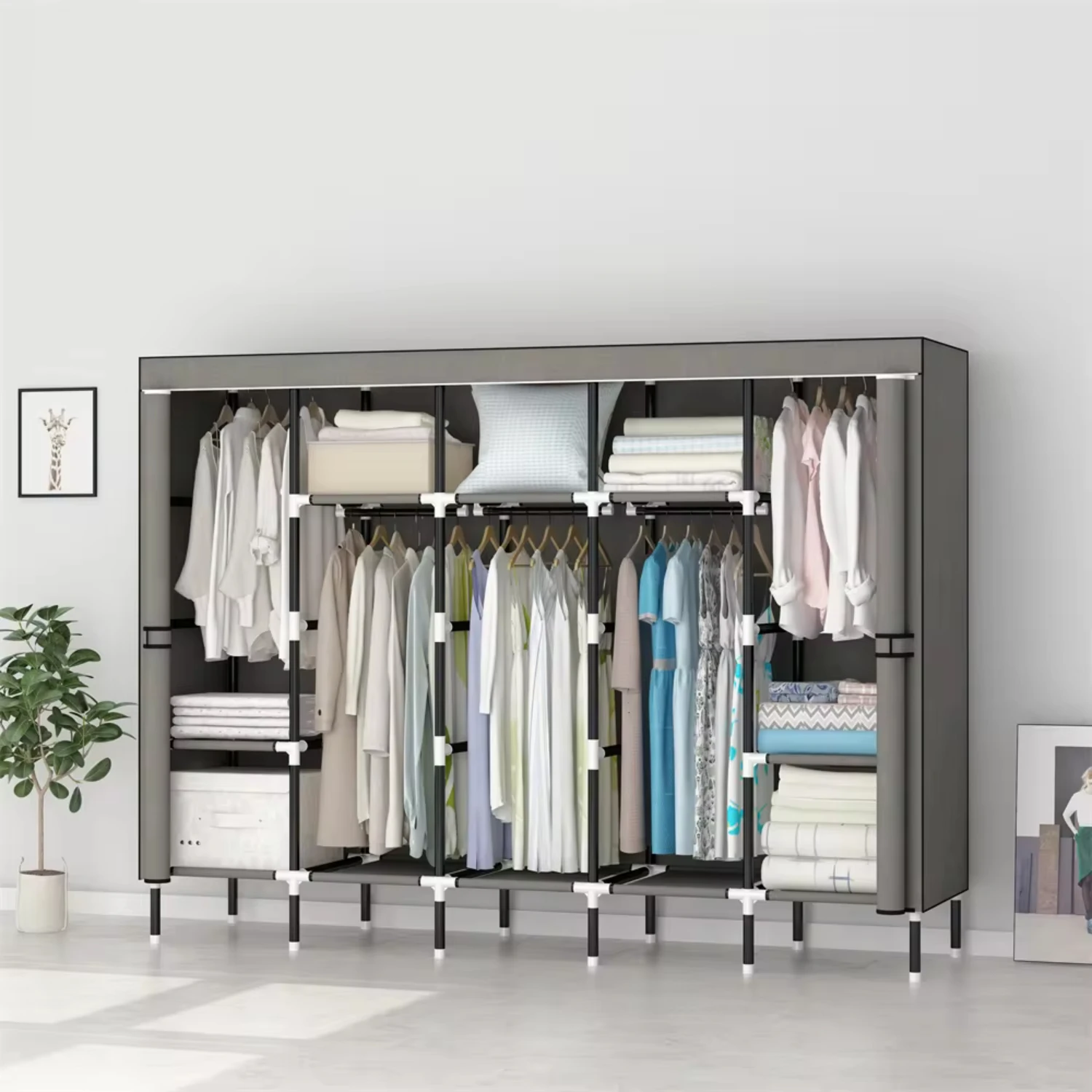 Closet Wardrobe 80in 203x42x170CM Wardrobe Steel Fabric Clothes Hanging with 10 Shelves & 5 Hanging Rods
