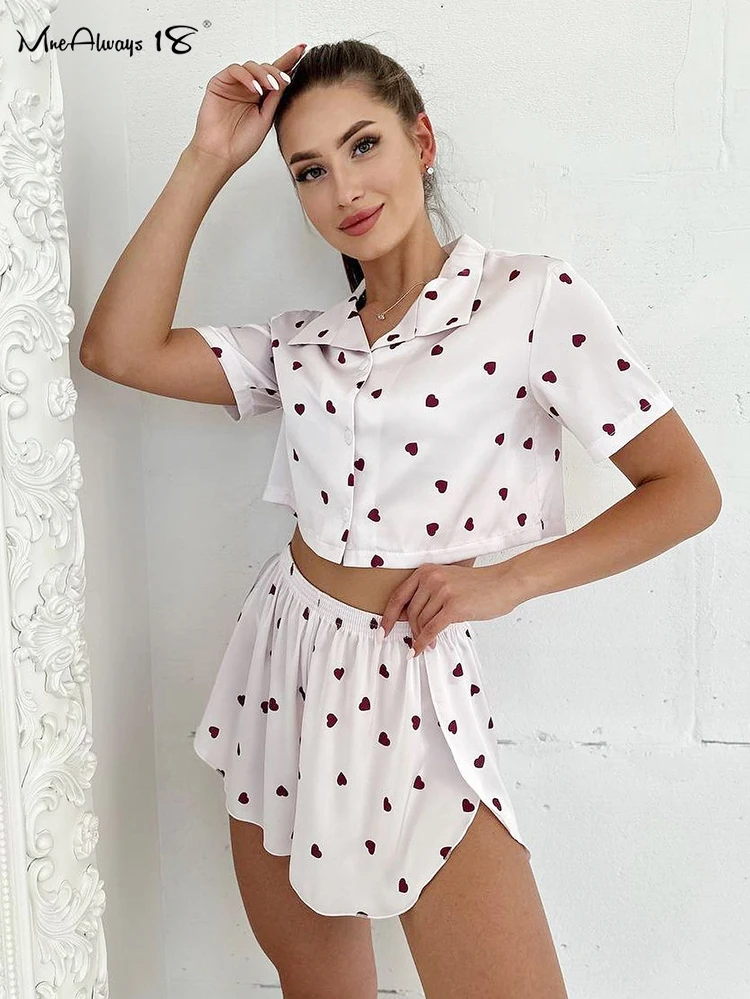 Mnealways18 Love Printing Homewear 2-Piece Suits Women Cropped Shirts And Drape Shorts Casual Outfits Summer 2024 Lady Sleepwear