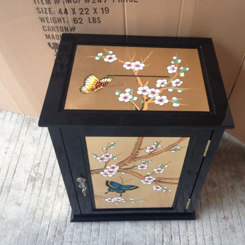 Mei Donation with Lock Box, Money Box, Gold Foil Painted Furniture Exported to Korean Temples Special Butterfly Plum Blossom Cab