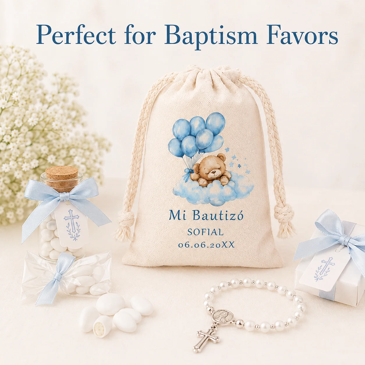 Personalized Baptism and First Communion Gift Bags - Customized Name Religious Keepsake Jewelry Bags with Cute Bear Design, Durable Material, Available in Various Sizes for Church Celebrations