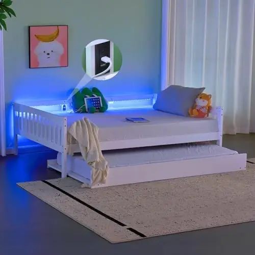 Solid Wood Full Daybed with Trundle Bed Twin，Day Bed Frame with Charging Station and Lights, Sturdy Wooden Slats