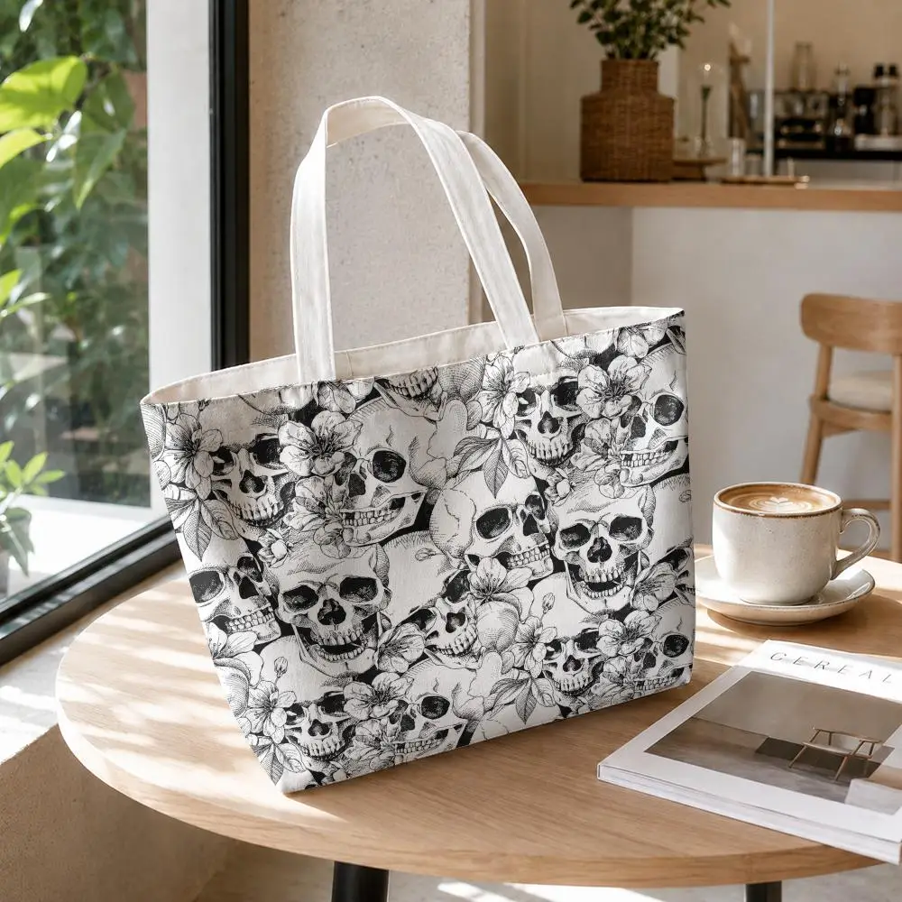 Halloween Gothic Floral Skull Storage Bags 2-Piece Set Double-Sided Canvas Tote Bags with Zipper Shopping Shoulder Handbags