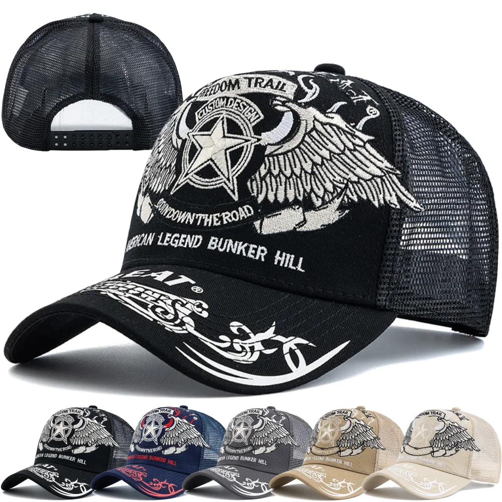 Unisex Punk Style Cap Wing Five-Pointed Star Embroidery Trucker Hat Breathable Mesh Hat Motorcycle Outdoor Baseball Cap