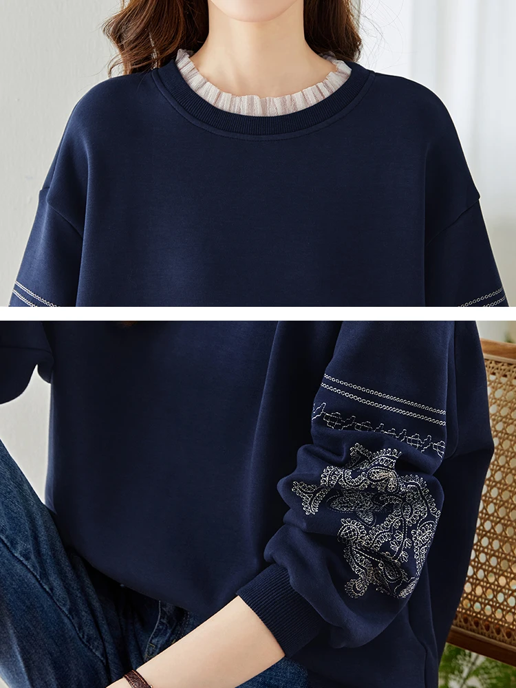 Heavy Industry Embroidered Lace Sweatshirts Women Winter Autumn Long Sleeve O-Neck Blue Pullovers Loose Casual Tops Jumper Chic