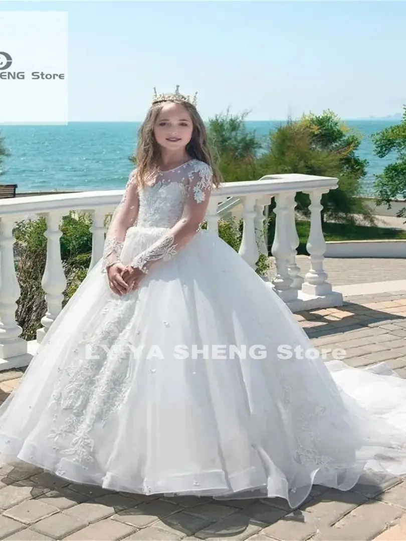 Robe de demoiselle d'honneur à manches longues bouffantes en tulle pour enfants, appliques de mariage, longueur au sol, robe de fête d'anniversaire charistique pour enfant