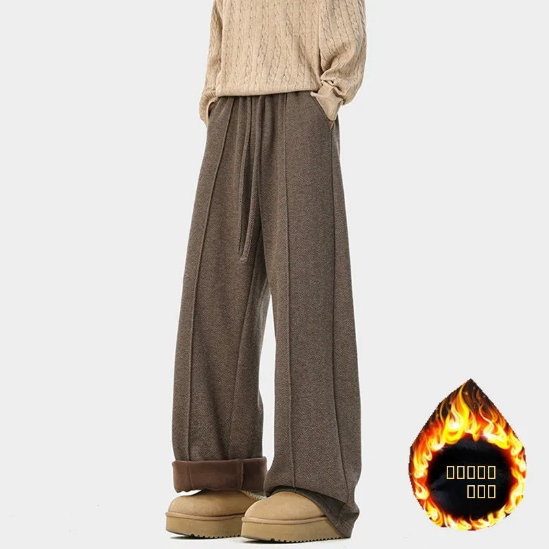 

Thiened Fce Lined Straight Leg Casual Pants for Men And Women Vintage American Sle Winter Faion Wide Leg Trousers