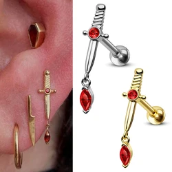 1PC Stainless Steel Silvery&Golden Dangle Sword Ruby Earring Helix Cartilage Earrings Studs Cartilage Earrings Piercing Jewelry