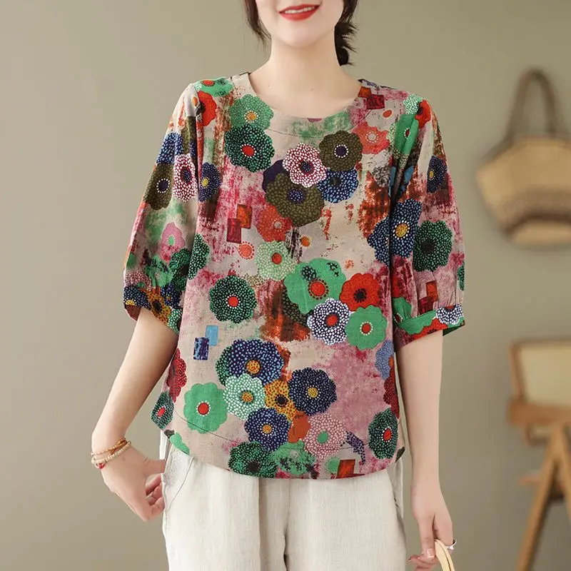 Cotton Linen Loose Comfortable Three Quarter O-Neck Top Summer Vintage Printed Casual Women's T-shirtt Covering Meat Pullover