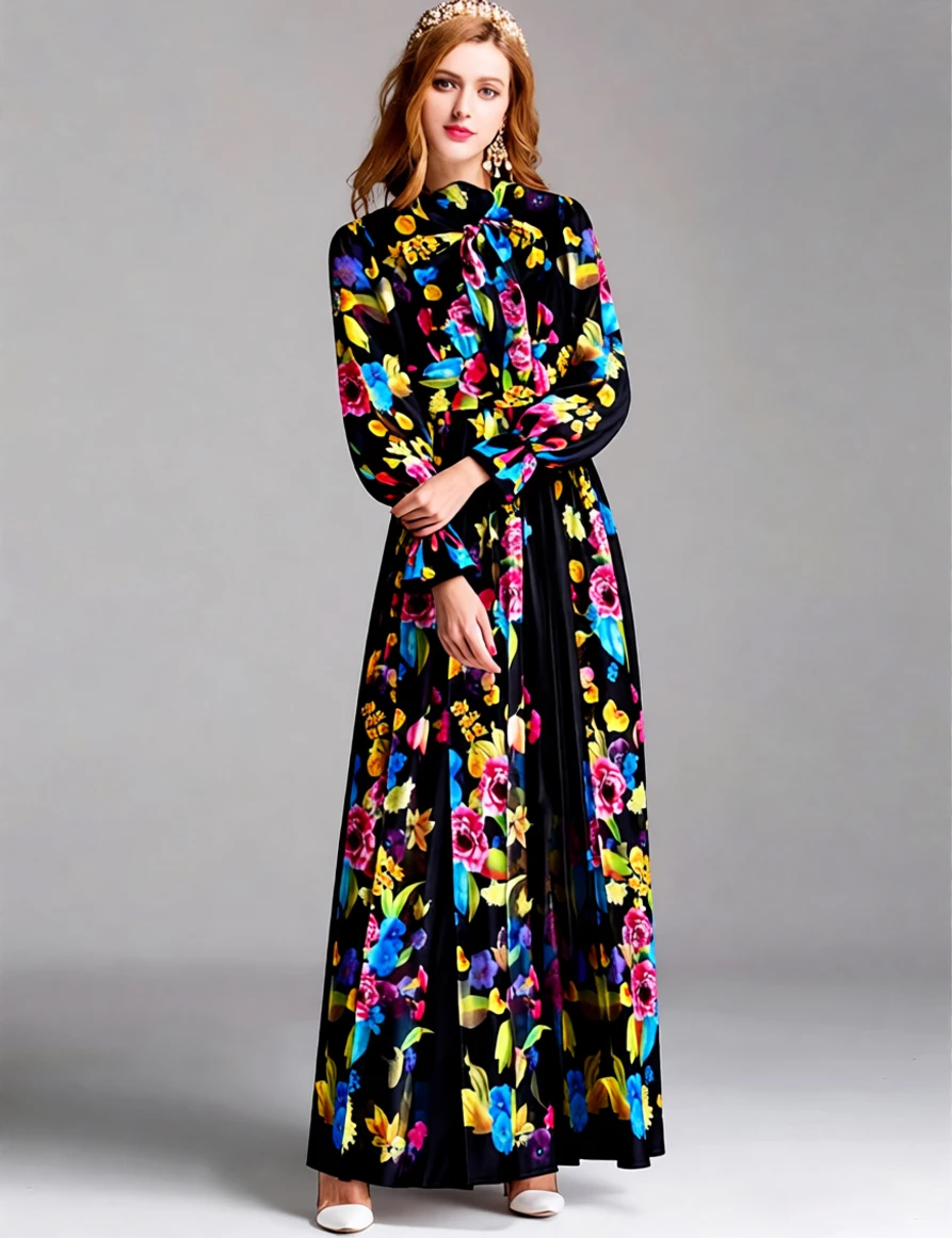 Damenkleid mit Schnürung, Schleifenkragen, langen Ärmeln, Blumenmuster, elegantes Maxi-Designer-Kleid