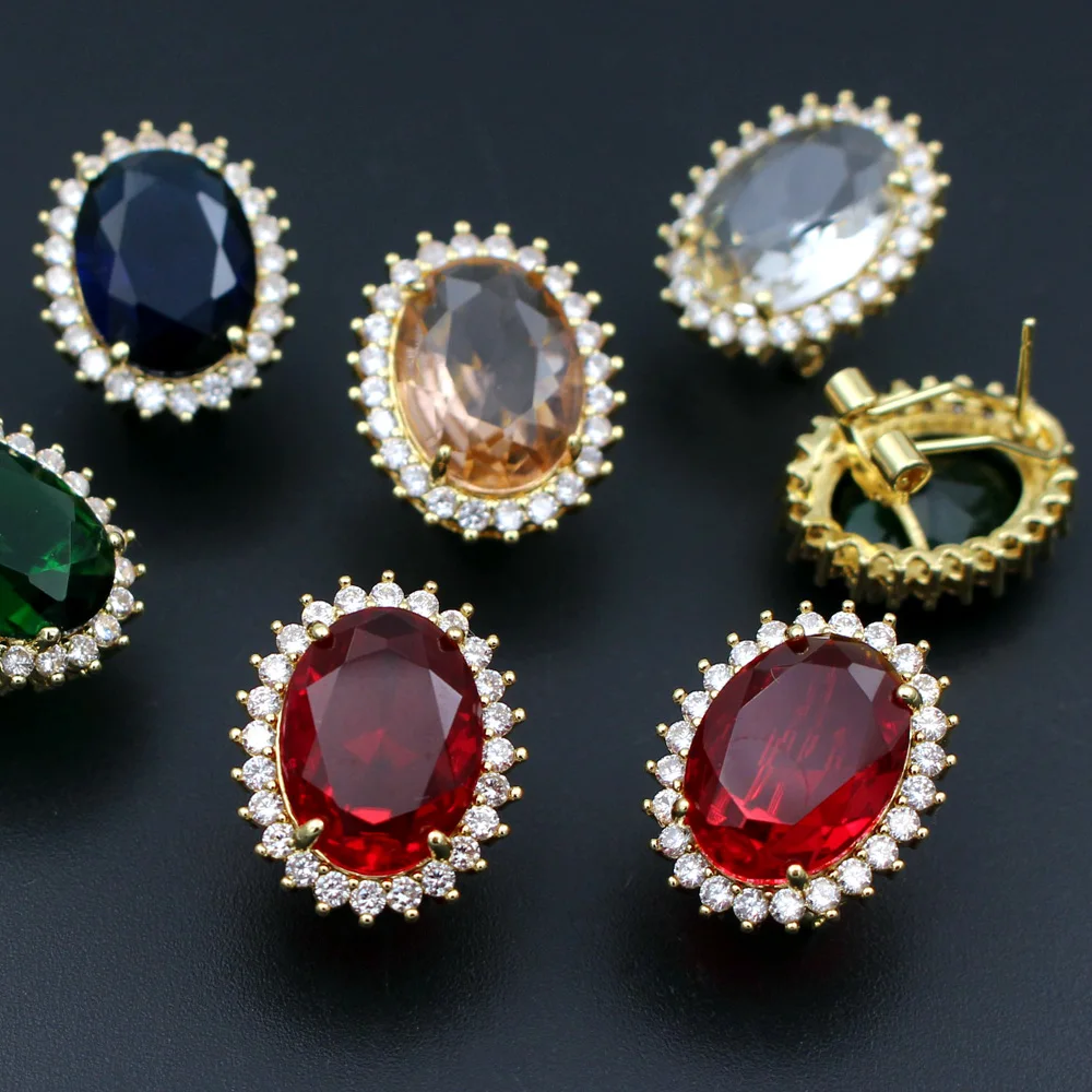 6pair Quality Colors Red Blue CZ Zircon Oval Earrings Post Silver Gold Plated Copper Studs For DIY Women Handmade Earrings