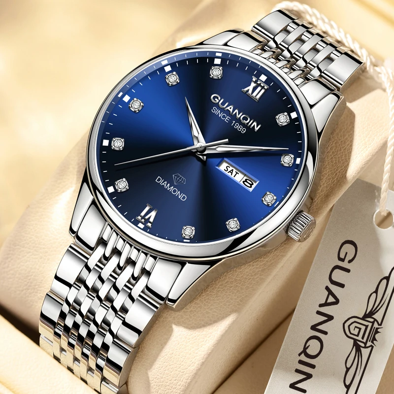 GUANQIN Luxury Men Quartz Watch Steel Material Sun Radiation Blue Dial Rhinestone Scale Date Calendar Display Watches for Man
